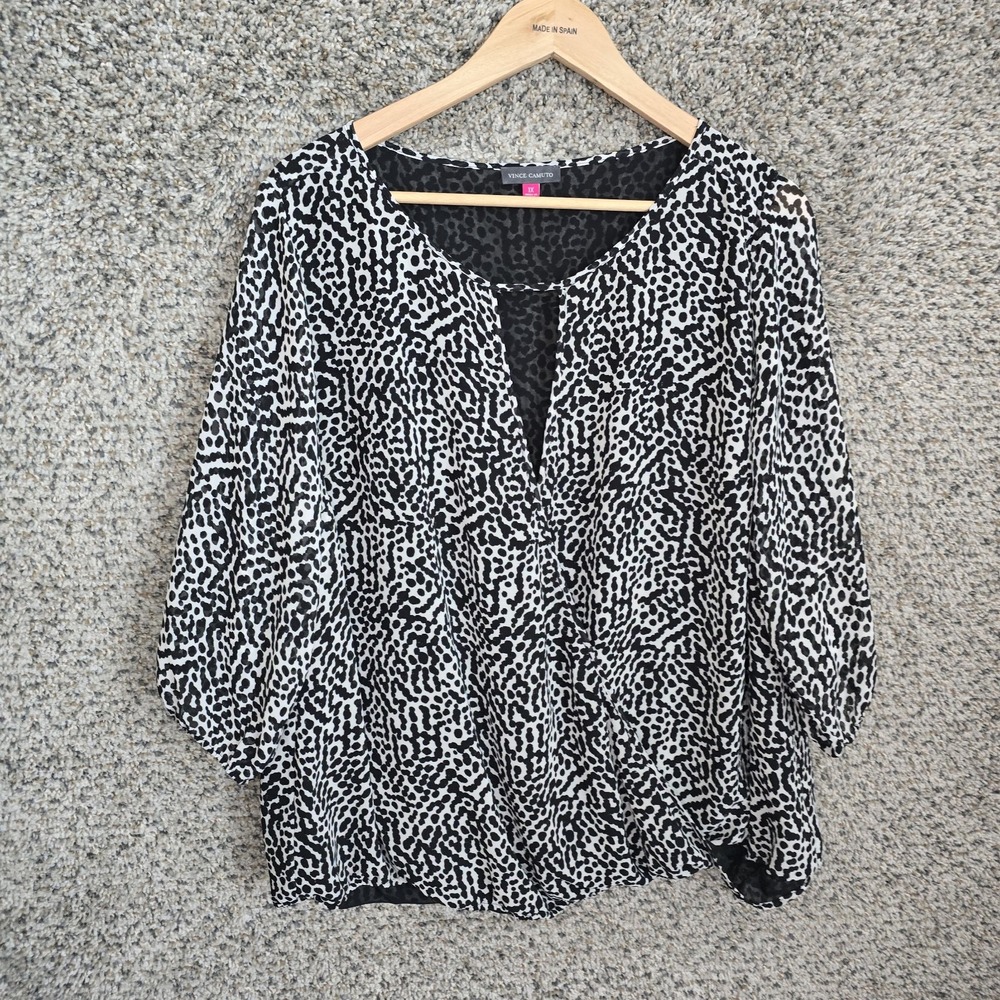 Vince Camuto Top Womens Plus 1X Black Animal Print Semi Sheer Blouse Ladies